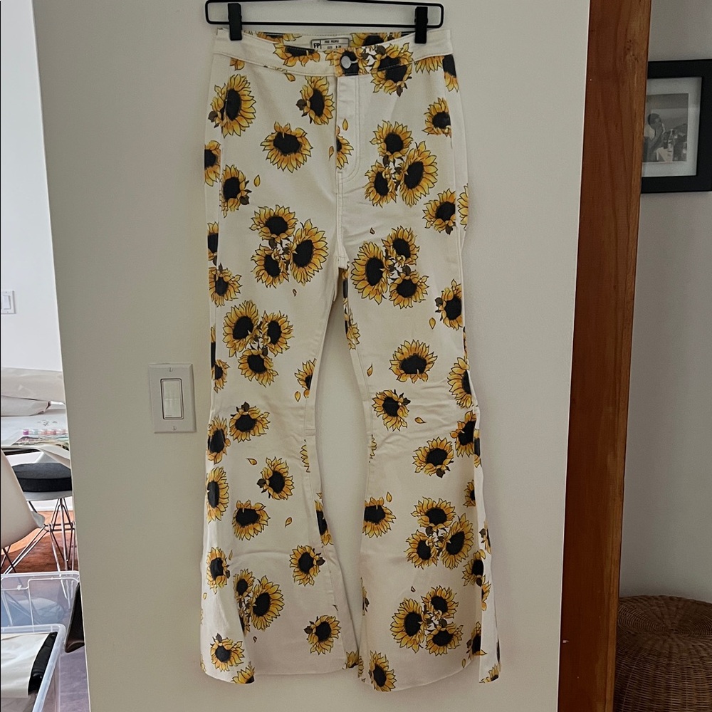 Free People Sunflower Print High-Waist Flare Jeans